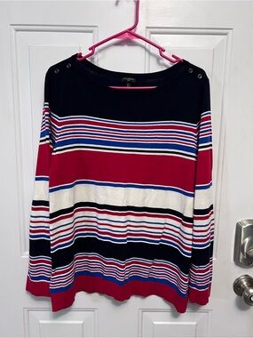 Talbots Women’s 2X Red White Blue Striped Sweater 3/4 Sleeve Shoulder Buttons